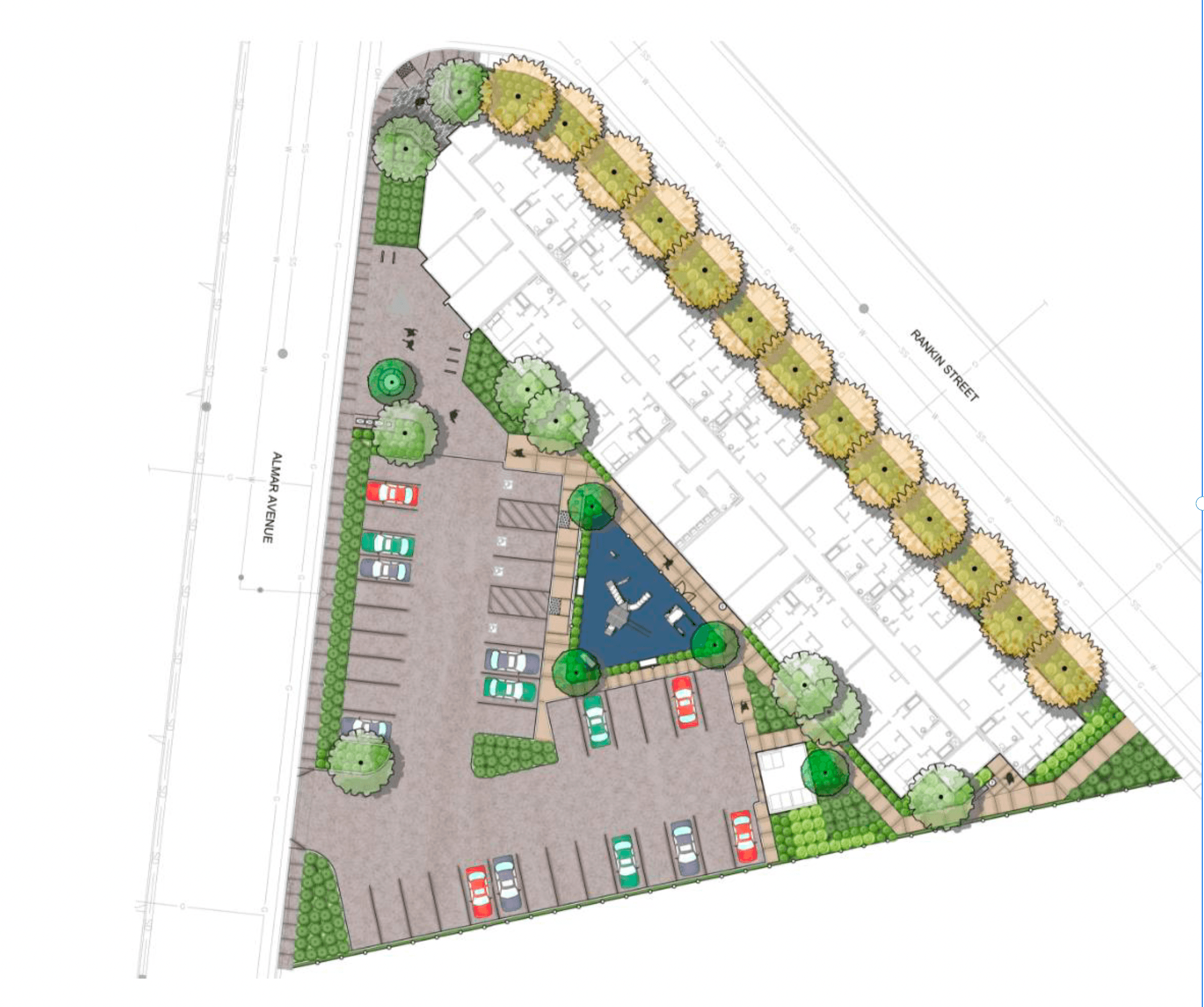 A map shows a parking lot with a green tree and a blue airplane.